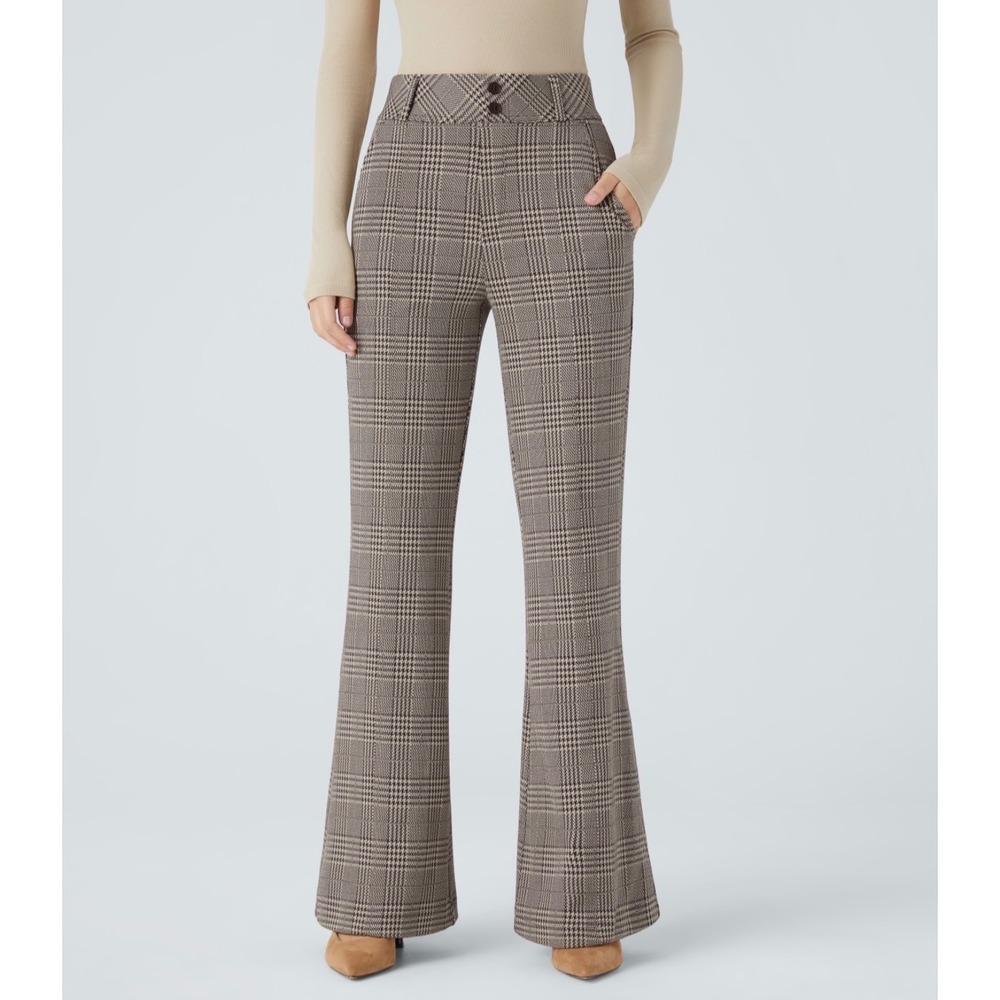 Halara Flex Pants Women XL Brown Houndstooth Plaid High Waisted Work Flare Pants